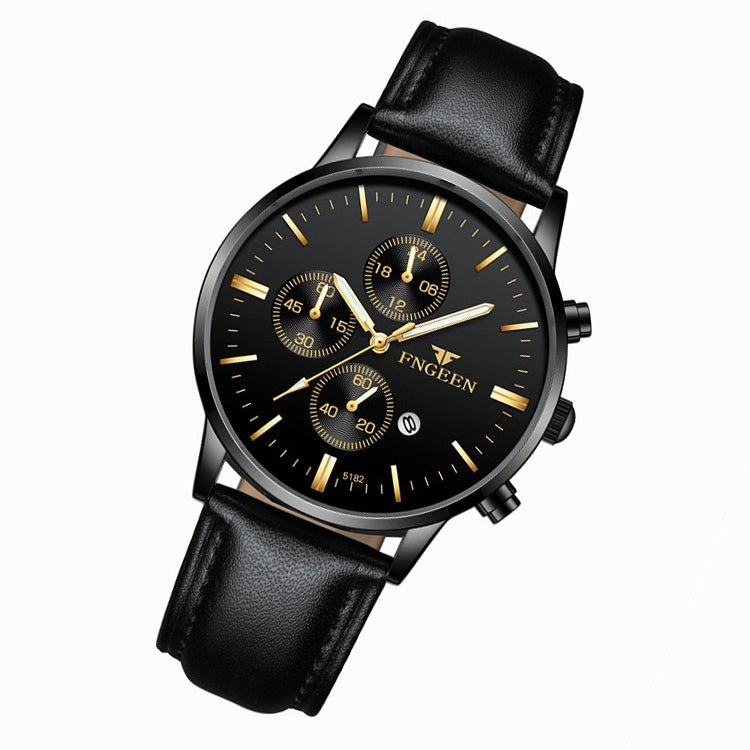 FNGEEN W5128 Men Three Eyes Subdial Luminous Quartz Watch Student Simple Watch, Black Leather Gold Shell Gold Surface, Black Leather Gold Shell Black Surface, Black Leather Gold Shell White Surface, All Black Surface Golden Nails