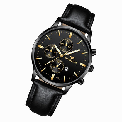 FNGEEN W5128 Men Three Eyes Subdial Luminous Quartz Watch Student Simple Watch, Black Leather Gold Shell Gold Surface, Black Leather Gold Shell Black Surface, Black Leather Gold Shell White Surface, All Black Surface Golden Nails