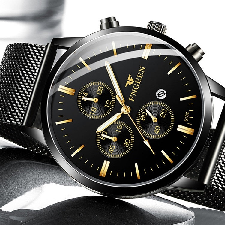 FNGEEN W5128 Men Three Eyes Subdial Luminous Quartz Watch Student Simple Watch, Black Leather Gold Shell Gold Surface, Black Leather Gold Shell Black Surface, Black Leather Gold Shell White Surface, All Black Surface Golden Nails