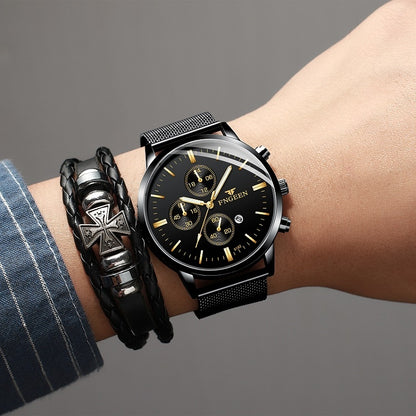 FNGEEN W5128 Men Three Eyes Subdial Luminous Quartz Watch Student Simple Watch, Black Leather Gold Shell Gold Surface, Black Leather Gold Shell Black Surface, Black Leather Gold Shell White Surface, All Black Surface Golden Nails