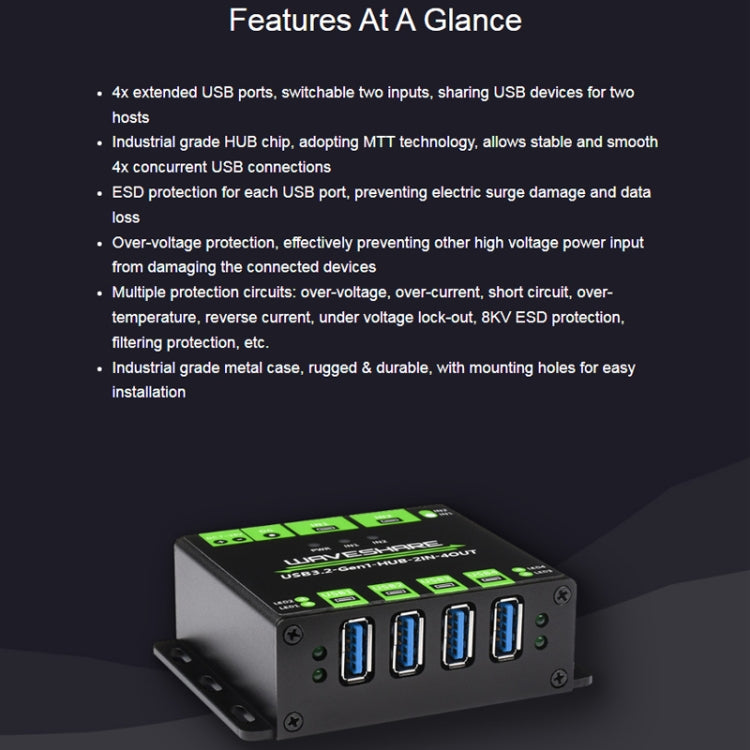 Waveshare 23929 USB HUB, Extending 4 X USB 3.2 Ports, Switchable Dual Hosts, Multi Protections, 23929