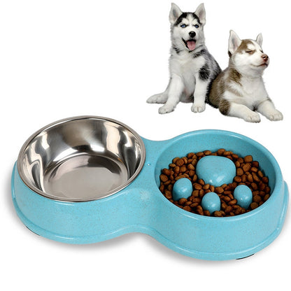 Slow Food Anti-choke Stainless Steel Double Bowl Pet Non-slip Cat Food Bowl, Pink, Blue, Green, White