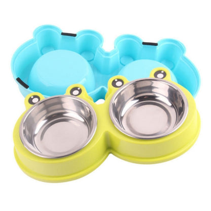 Stainless Steel Dog and Cat Double Bowl Pet Supplies, Frog Shape Pink