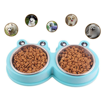Stainless Steel Dog and Cat Double Bowl Pet Supplies, Frog Shape Pink