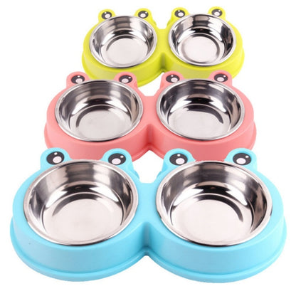 Stainless Steel Dog and Cat Double Bowl Pet Supplies, Frog Shape Pink