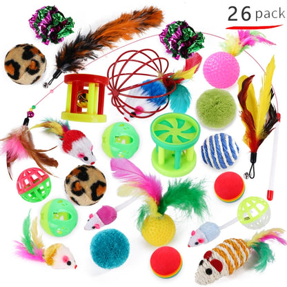 Cat Combination Toy Funny Cat Stick Mouse Bell Ball Feather, 26 in 1 Cat Toy