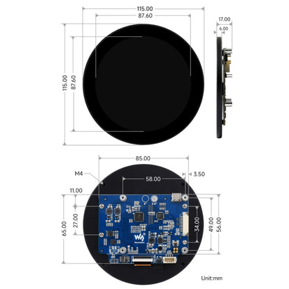 Waveshare 3.4 inch DSI Round Touch Display, 800 × 800, IPS, 10-Point Touch, 3.4 inch DSI