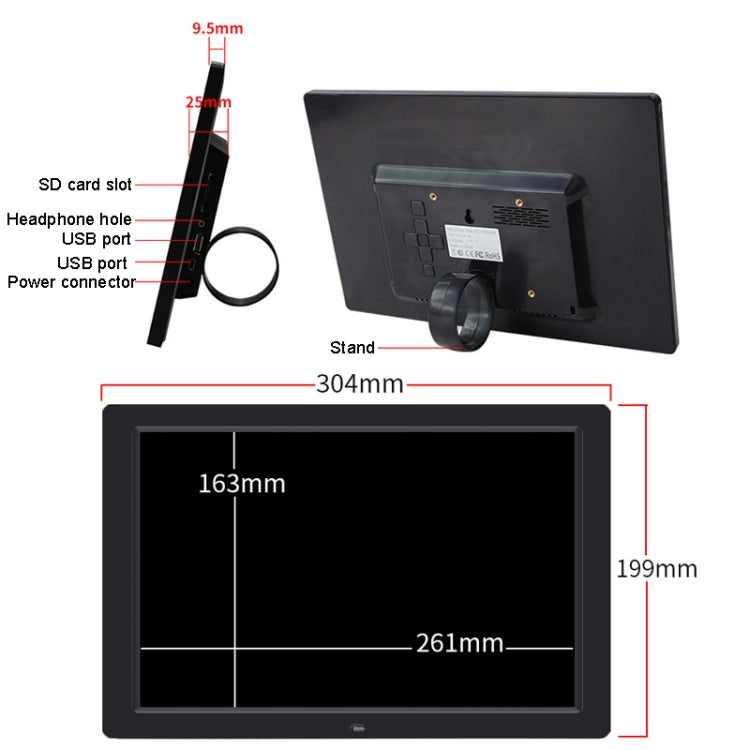DPF-1201 12 inch 1280x800 Resolution Wall Mounted Advertising Machine LCD Electronic Photo Frame, US Plug, EU Plug, UK Plug, AU Plug