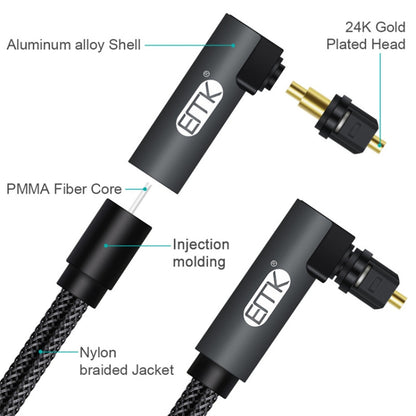 EMK 90 Degree Swivel Adjustable Right Angled 360 Degrees Rotatable Plug Nylon Woven Mesh Optical Audio Cable, 1m(Black), 1.5m(Black), 2m(Black), 3m(Black), 5m(Black), 8m(Black), 10m(Black), 15m(Black)