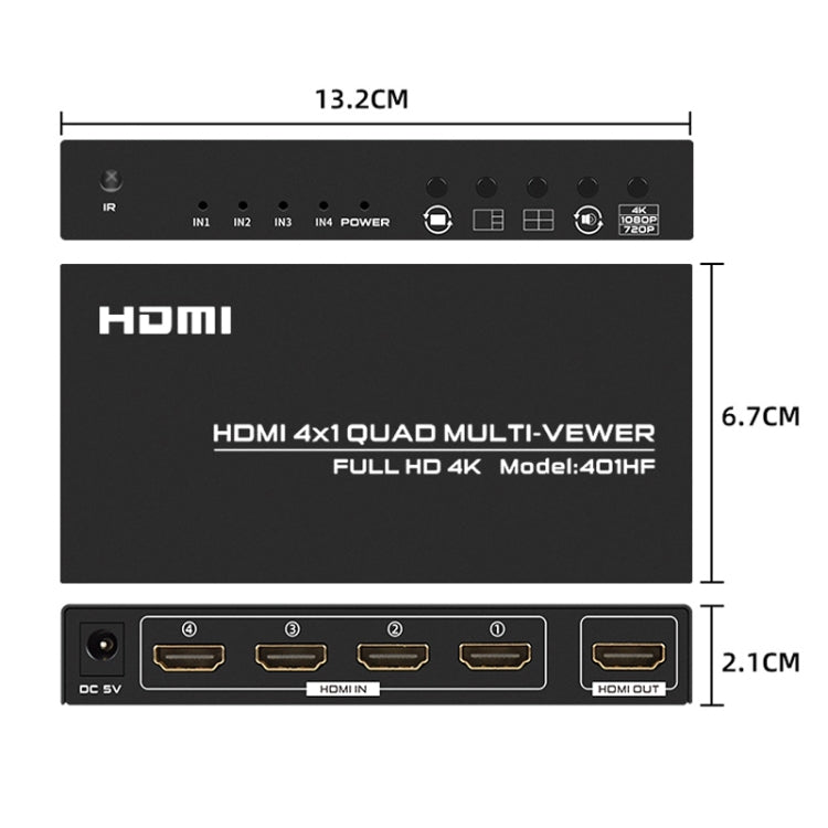 FJGEAR FJ-401HF 4 In 1 Out 4K HDMI Splitter Supports Four Screen Segmentation, FJ-401HF EU Plug, FJ-401HF US Plug