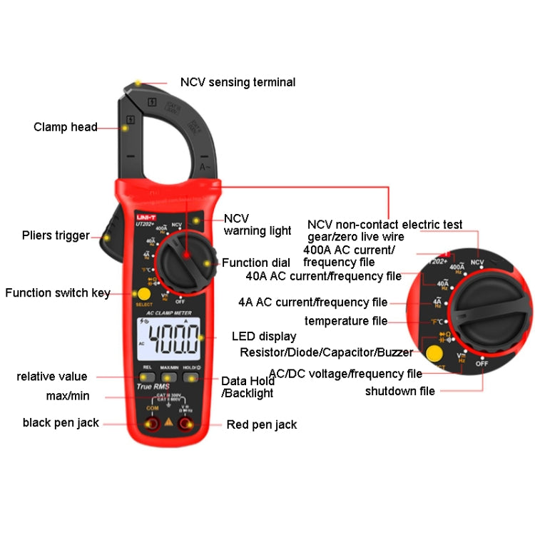 Digital Clamp Multimeter AC/DC Voltage Detector, UT202+ 400A