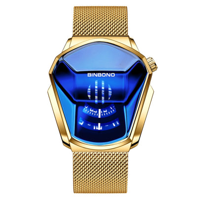 BINBOND Locomotive Concept Watch Men Live Black Technology Watch, White Net Belt White Steel Blue Face, White Net Belt White Steel White Face, Gold Net Belt Full Gold Blue Face, Gold Net Belt Full Gold Gold Face, Black Net Belt Black Steel Blue Face