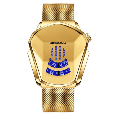 BINBOND Locomotive Concept Watch Men Live Black Technology Watch, White Net Belt White Steel Blue Face, White Net Belt White Steel White Face, Gold Net Belt Full Gold Blue Face, Gold Net Belt Full Gold Gold Face, Black Net Belt Black Steel Blue Face