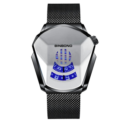 BINBOND Locomotive Concept Watch Men Live Black Technology Watch, White Net Belt White Steel Blue Face, White Net Belt White Steel White Face, Gold Net Belt Full Gold Blue Face, Gold Net Belt Full Gold Gold Face, Black Net Belt Black Steel Blue Face