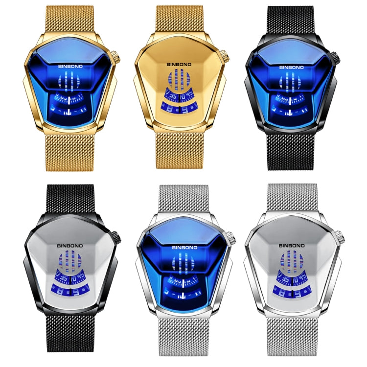 BINBOND Locomotive Concept Watch Men Live Black Technology Watch, White Net Belt White Steel Blue Face, White Net Belt White Steel White Face, Gold Net Belt Full Gold Blue Face, Gold Net Belt Full Gold Gold Face, Black Net Belt Black Steel Blue Face