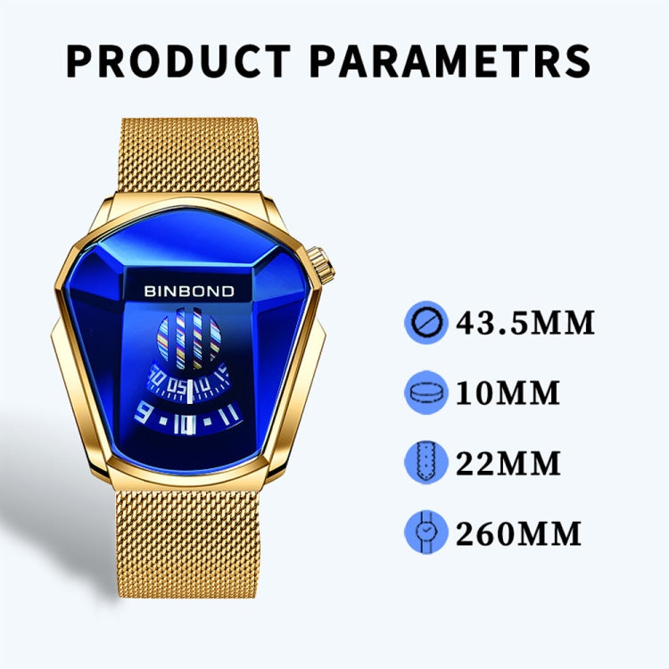 BINBOND Locomotive Concept Watch Men Live Black Technology Watch, White Net Belt White Steel Blue Face, White Net Belt White Steel White Face, Gold Net Belt Full Gold Blue Face, Gold Net Belt Full Gold Gold Face, Black Net Belt Black Steel Blue Face