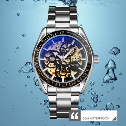 SKMEI 9194 Men Automatic Skeleton Mechanical Steel Band Watch, Black, Silver, Golden Black Face, Rose Gold, Golden Gold Face