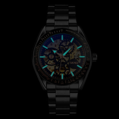 SKMEI 9194 Men Automatic Skeleton Mechanical Steel Band Watch, Black, Silver, Golden Black Face, Rose Gold, Golden Gold Face