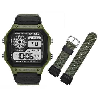 SYNOKE 9619B Nylon Canvas Strap Luminous Waterproof Digital Watch, Green Head Green Belt, Green Head Black Belt, Black Head Black Belt, Black Head Green Belt