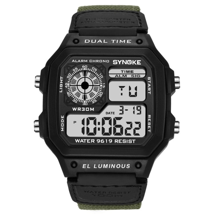 SYNOKE 9619B Nylon Canvas Strap Luminous Waterproof Digital Watch, Green Head Green Belt, Green Head Black Belt, Black Head Black Belt, Black Head Green Belt