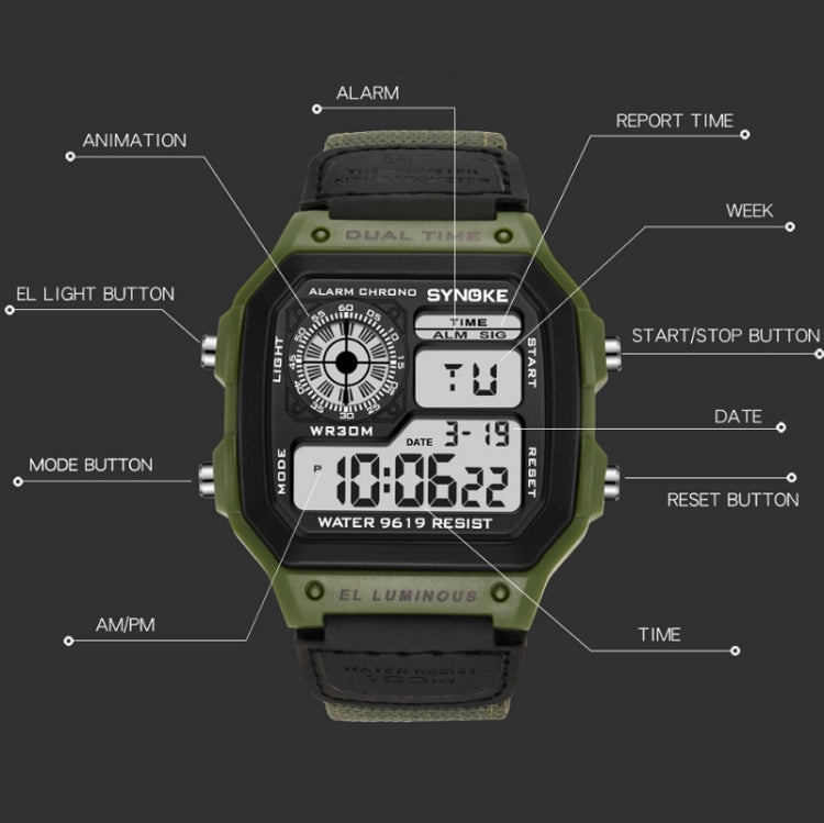 SYNOKE 9619B Nylon Canvas Strap Luminous Waterproof Digital Watch, Green Head Green Belt, Green Head Black Belt, Black Head Black Belt, Black Head Green Belt