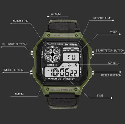 SYNOKE 9619B Nylon Canvas Strap Luminous Waterproof Digital Watch, Green Head Green Belt, Green Head Black Belt, Black Head Black Belt, Black Head Green Belt