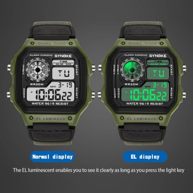 SYNOKE 9619B Nylon Canvas Strap Luminous Waterproof Digital Watch, Green Head Green Belt, Green Head Black Belt, Black Head Black Belt, Black Head Green Belt