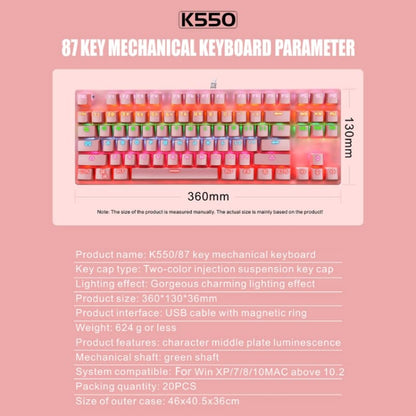 LEAVEN K550 87 Keys Green Shaft Gaming Athletic Office Notebook Punk Mechanical Keyboard, Cable Length: 1.8m, Black, White, Pink, Blue