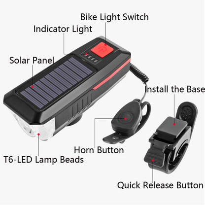 Bicycle Solar Headlight Horn Light Night Riding USB Charging Headlight Bicycle Glare Flashlight Equipment, Red, Green, Blue, Orange