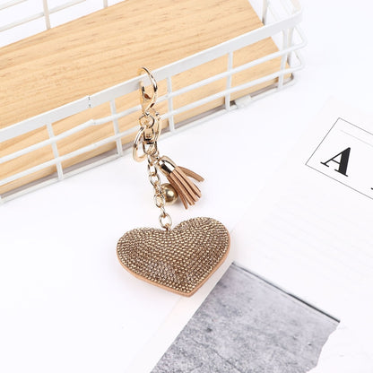 Heart Keychain Leather Tassel Gold Key Holder Metal Crystal Key Chain Keyring Charm Bag Auto Pendant Gift, purple, green, dark blue, lake blue, silver white, watermelon red, light blue, orange, black white, magenta, black gray, yellow, light red, red