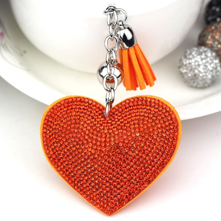 Heart Keychain Leather Tassel Gold Key Holder Metal Crystal Key Chain Keyring Charm Bag Auto Pendant Gift, purple, green, dark blue, lake blue, silver white, watermelon red, light blue, orange, black white, magenta, black gray, yellow, light red, red