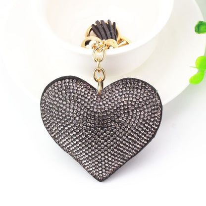 Heart Keychain Leather Tassel Gold Key Holder Metal Crystal Key Chain Keyring Charm Bag Auto Pendant Gift, purple, green, dark blue, lake blue, silver white, watermelon red, light blue, orange, black white, magenta, black gray, yellow, light red, red