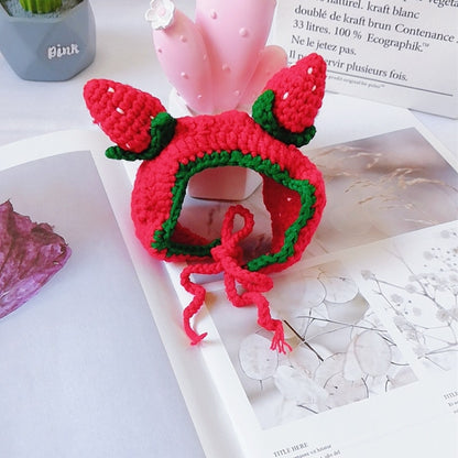 Cute Strawberry Headgear Handmade Knitted Hat Pet Accessories, S, M