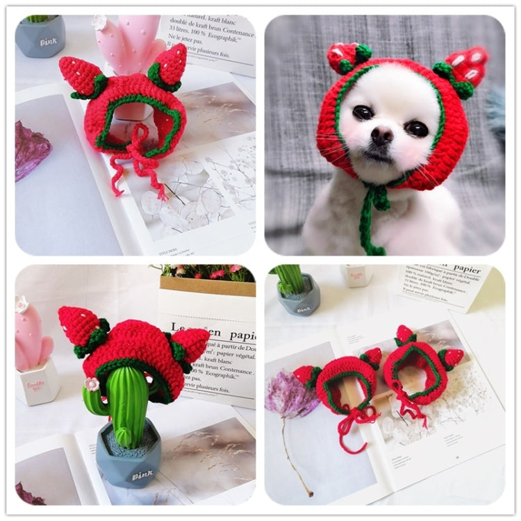 Cute Strawberry Headgear Handmade Knitted Hat Pet Accessories, S, M