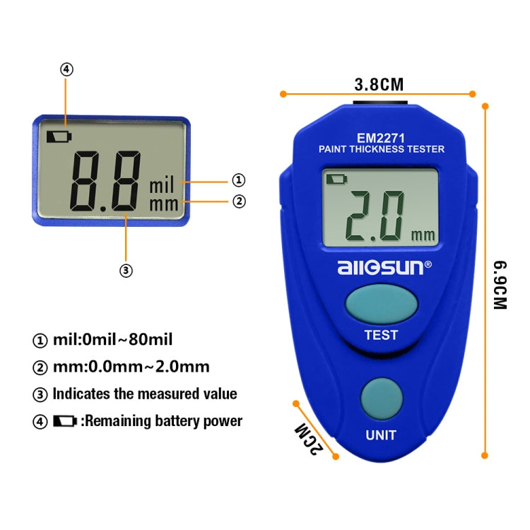 EM2271 Mini Digital Display Car Paint Coating Thickness Gauge Tester, EM2271