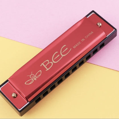 BEE 10-holes Dual-tones C Tone Brace Harmonica, Silver, Blue, Black, Red