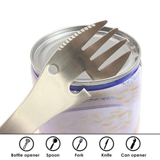 2 PCS  5 in 1 Multi-functional Outdoor Tools Stainless Steel Camping Survival EDC Kit Practical Fork Knife Spoon Bottle/Can Opener