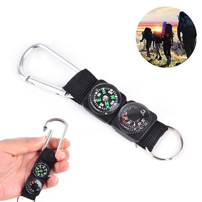 3 in 1 Camping Climbing Hiking Mini Carabiner with Keychain Compass Thermometer Hanger Key Ring Black, 3 in 1
