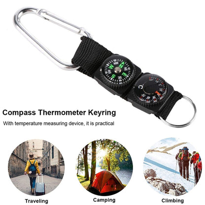 3 in 1 Camping Climbing Hiking Mini Carabiner with Keychain Compass Thermometer Hanger Key Ring Black, 3 in 1