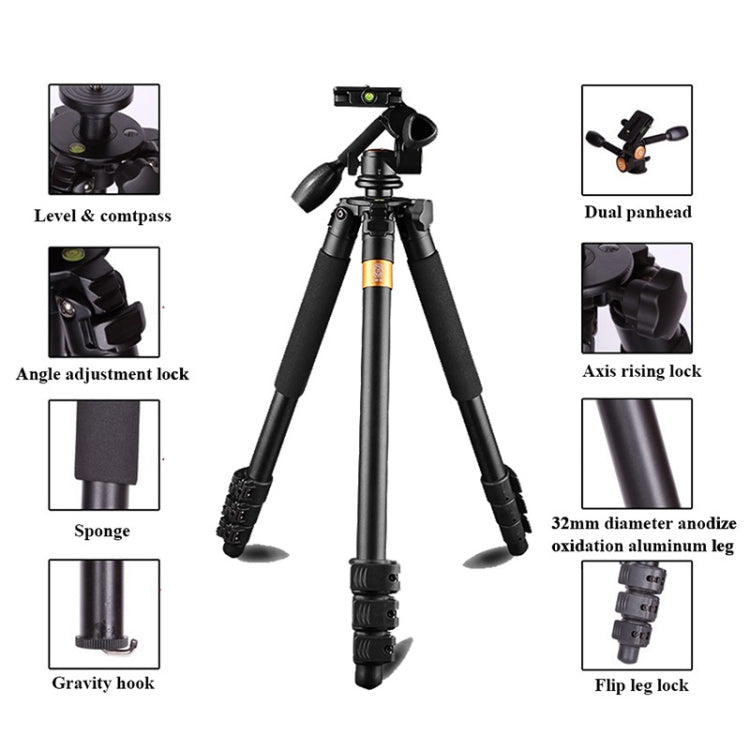 Q620 4-Section Folding Legs Heavy Duty Aluminum Alloy Tripod With Three-Dimensional Damping Tripod Heads, Q620
