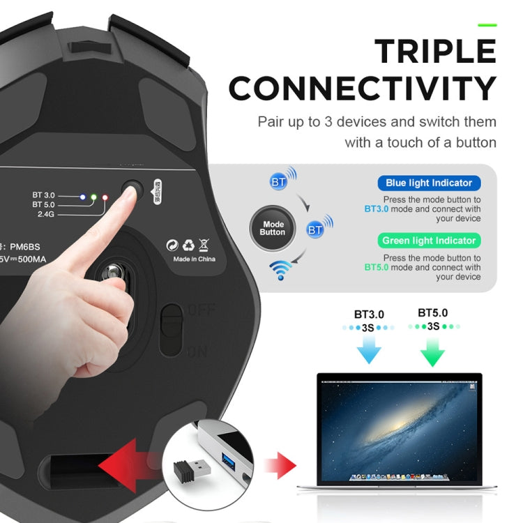 Inphic A1 6 Keys 1000/1200/1600 DPI Home Gaming Wireless Mechanical Mouse, Colour: Gray Wireless+Bluetooth 4.0+Bluetooth 5.0, Black Wireless+Bluetooth 4.0+Bluetooth 5.0, Black Wireless Charging Silent Version, Gray Wireless Charging Silent Version     ...