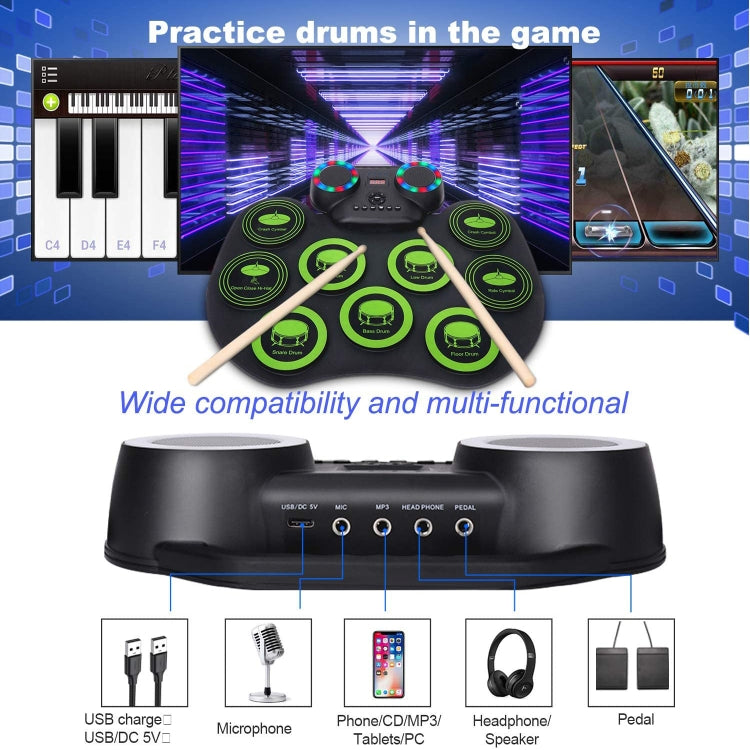 Portable Hand Roll Electronic Drum Flashing Light Bluetooth Drum, Black White, Icon Version + Black Green, Icon Version + Black White