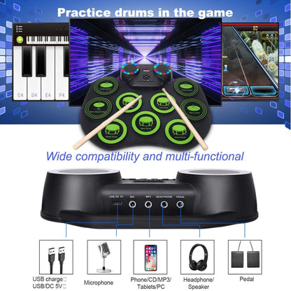 Portable Hand Roll Electronic Drum Flashing Light Bluetooth Drum, Black White, Icon Version + Black Green, Icon Version + Black White