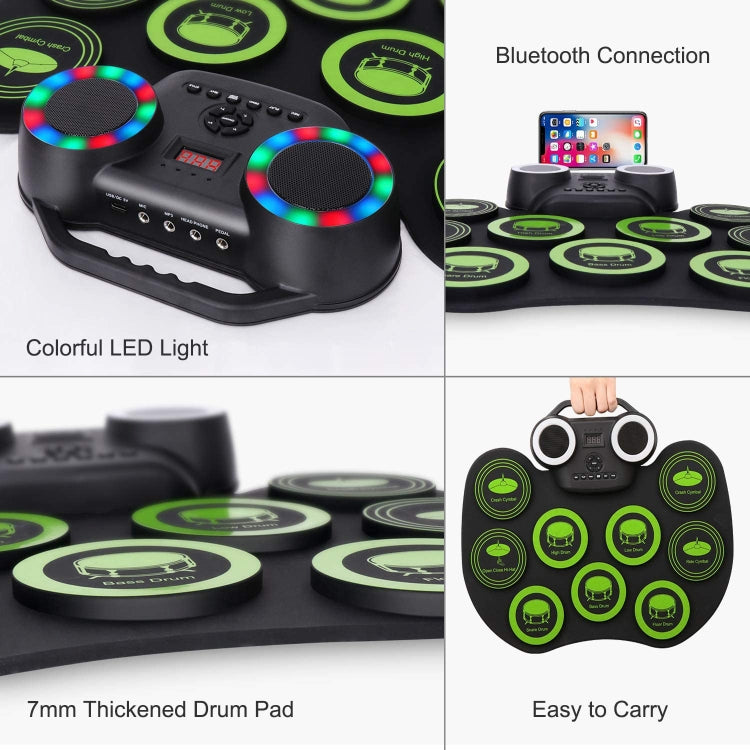 Portable Hand Roll Electronic Drum Flashing Light Bluetooth Drum, Black White, Icon Version + Black Green, Icon Version + Black White