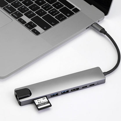 WC7367 8 in 1 87W Type-C to PD+USB3.0/USB2.0+SD+TF+HDMI+RJ45+Type-c Docking Station HUB, WC7367