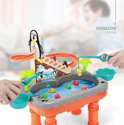 Penguin Stair Climbing Children Electric Magnetic Fishing Toy Multifunctional Game Set, Orange, Blue