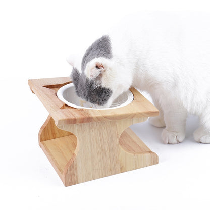 Oak Cat Bowl Rack Inclined Anti-Choking Ceramic Cat Bowl, Ceramic Cat Bowl
