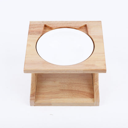 Oak Cat Bowl Rack Inclined Anti-Choking Ceramic Cat Bowl, Ceramic Cat Bowl