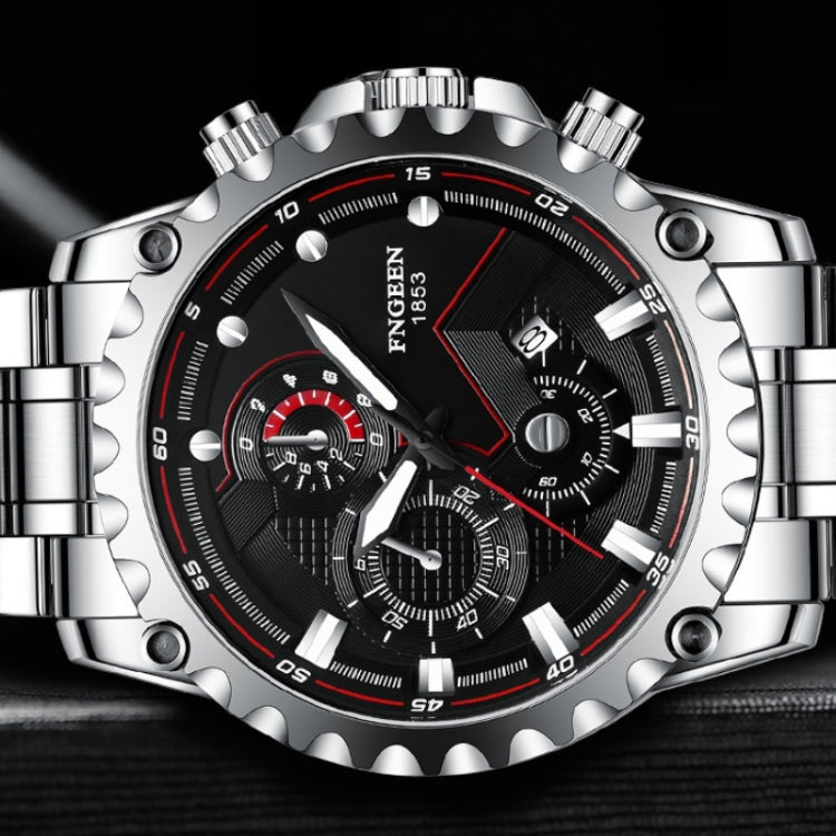 FNGEEN 5055 Men Waterproof Sports Fashion Stainless Steel Watch, Black Steel Black Surface, White Steel Black Surface, White Steel White Surface, Black Leather Black Steel Black Surface, Black Leather White Steel Black Surface
