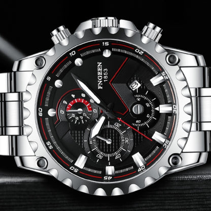 FNGEEN 5055 Men Waterproof Sports Fashion Stainless Steel Watch, Black Steel Black Surface, White Steel Black Surface, White Steel White Surface, Black Leather Black Steel Black Surface, Black Leather White Steel Black Surface